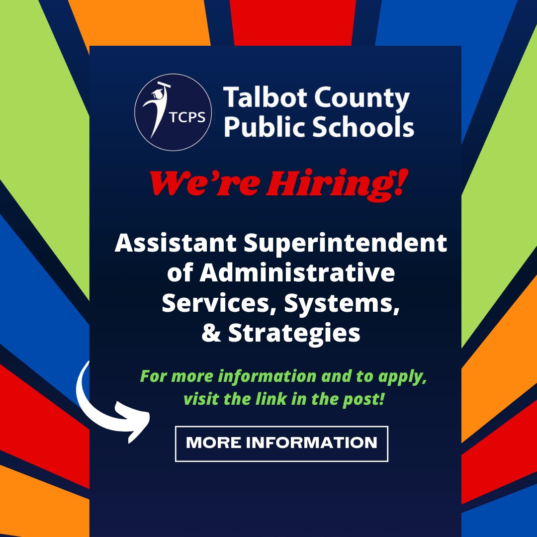 TCPS is hiring an Assistant Superintendent of Administrative Services, Systems, and Strategies! Help us spread the word! For more information, job description and application visit: tcps.k12.md.us/job-opening-as… #teamTCPS #TransformingandPerforming #TCPSrocks #joinTCPS