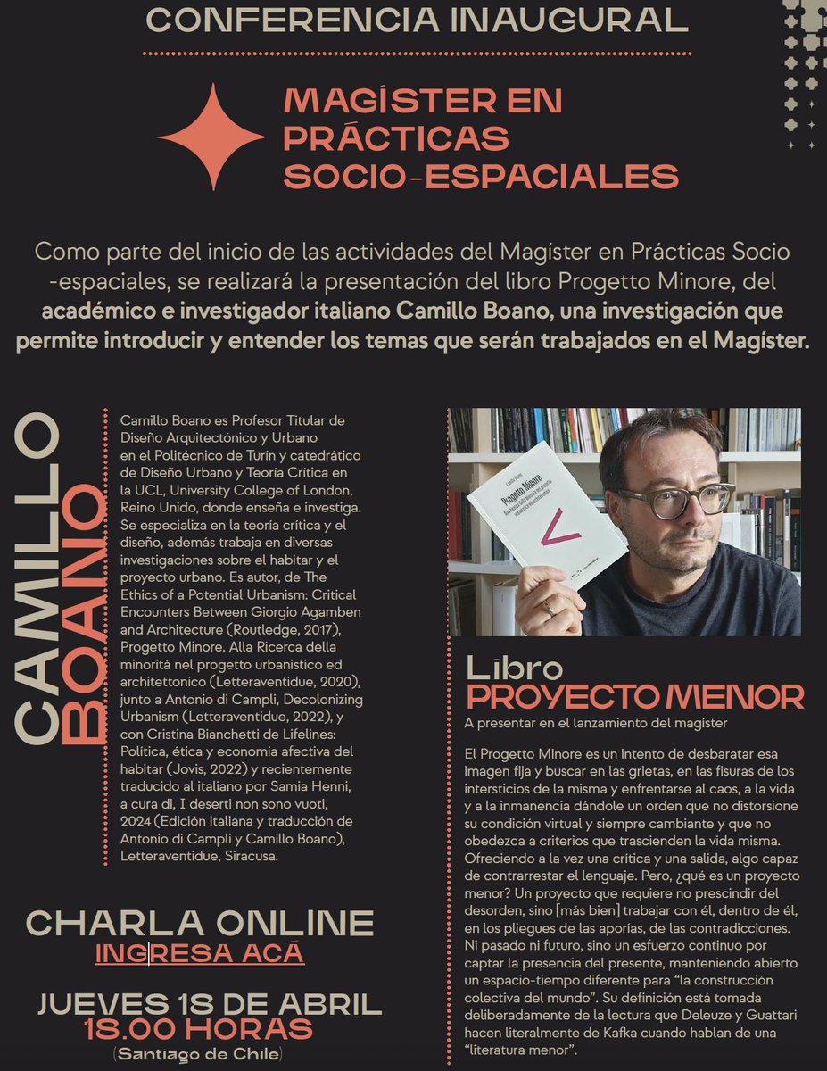 CONFERENCIA INAUGURAL DEL MAGISTER EN PRÁCTICAS SOCIO-ESPACIALES DE <a href="/UDLA_CL/">UDLAChile</a> HOY A LAS 18.00 HRS CON PROFESSOR <a href="/CamilloBoano/">Camillo Boano</a> 

"Proyecto Menor"

Link de Zoom 👇

udla.zoom.us/j/89658771986?…