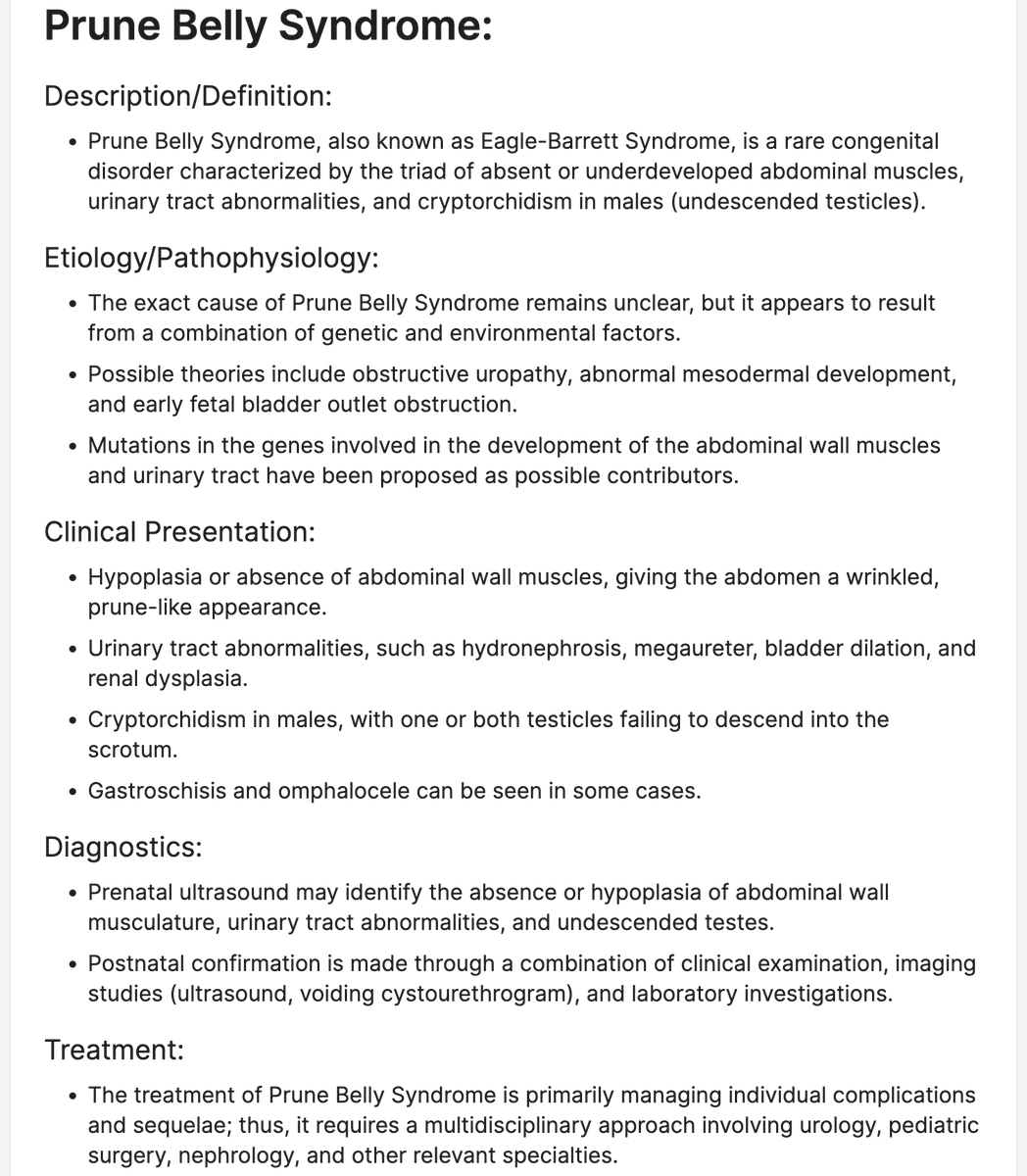 @modernHealthMe Prune Belly Syndrome:

Learn more and generate your own summaries at
neuralconsult.com 🧠 🎯

#MedX #MedTwitter #FOAMed #MedEd #USMLE #step1 #Step2CK