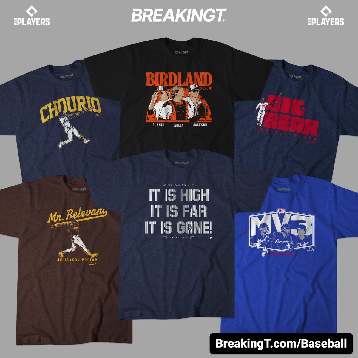 Our top-selling baseball shirts of 2024? 1️⃣...Mr. Relevant! @JURICKSONPROFAR 2️⃣ Birdland ft. Gunnar, Adley & Jackson! Shop the rest @ BreakingT.com/Baseball