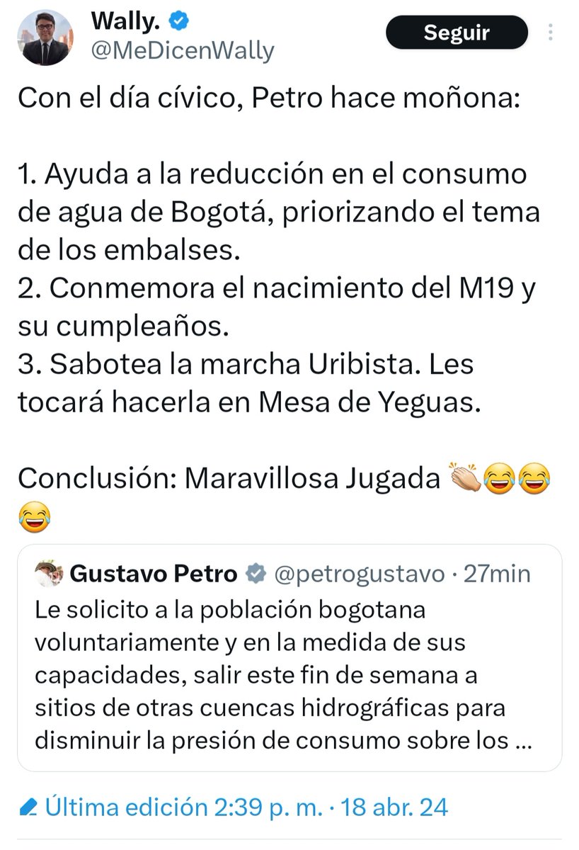 Andrea Ramírez J. (@andrearamirezji) on Twitter photo Líder de bodegas celebra día cívico y ratifica ineptitud del gobierno. Confirma que: 1. Viene racionamiento de energía. 2. Es un cínico poniendo día cívico el día de su cumpleaños. 3. Le tiene miedo a #Marcha21Abril que es de ciudadanos libres. <a href="/manolitosalazar/">Manuel Salazar</a> <a href="/DiegoASantos/">Diego A. Santos</a> Líder de bodegas celebra día cívico y ratifica ineptitud del gobierno. Confirma que: 1. Viene racionamiento de energía. 2. Es un cínico poniendo día cívico el día de su cumpleaños. 3. Le tiene miedo a #Marcha21Abril que es de ciudadanos libres. <a href="/manolitosalazar/">Manuel Salazar</a> <a href="/DiegoASantos/">Diego A. Santos</a>