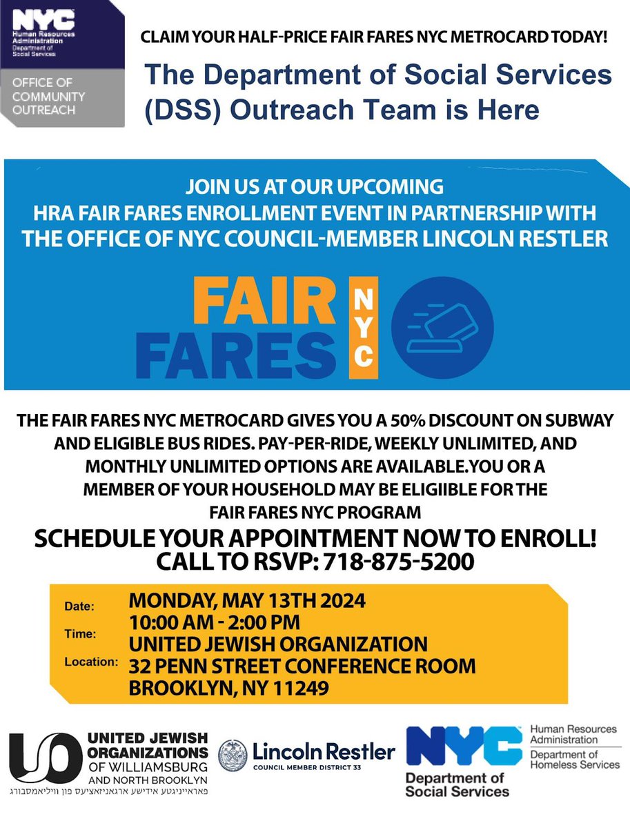 Get help enrolling in the City’s Fair Fares Program!  Meet with Dept of Social Services staff on May 13th at @UnitedJewish’s office to get discounted subway and bus rides. Call our office to check your eligibility and reserve an appointment - 718-875-5200.