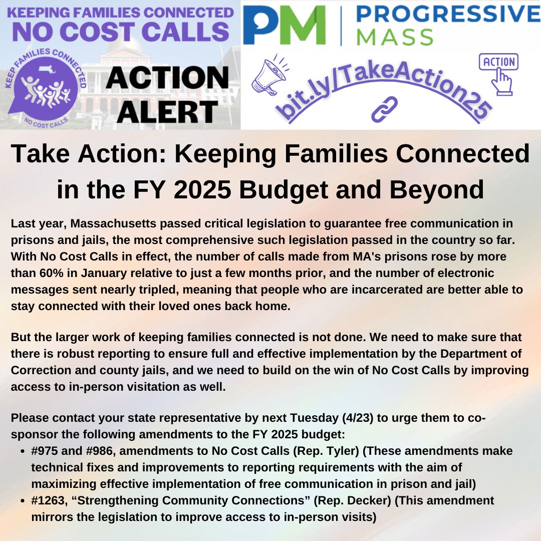 Last year, MA passed legislation to guarantee free communication in prisons & jails. The number of calls and messages sent rose sharply, but the larger work of keeping families connected is not done. Please spend 30 seconds to take action now: secure.everyaction.com/nnrsnGYsZ0uk06…