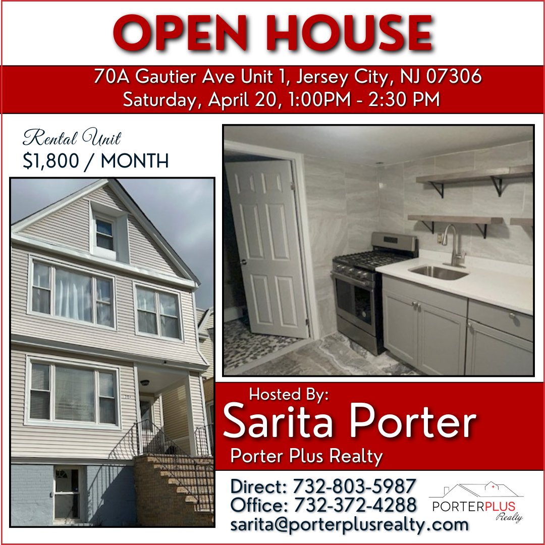 🏡 Open House 
🗓️ Saturday, April 20, 1:00 PM - 2:30 PM
📍 70A Gautier Ave Unit 1, Jersey City, NJ 07306
💰 $1,800 / Month

Hosted By:
Sarita Porter
Direct: 732-803-5987
Office: 732-372-4288
sarita@porterplusrealty.com

#rentalproperty #openhouse #porterplusrealty