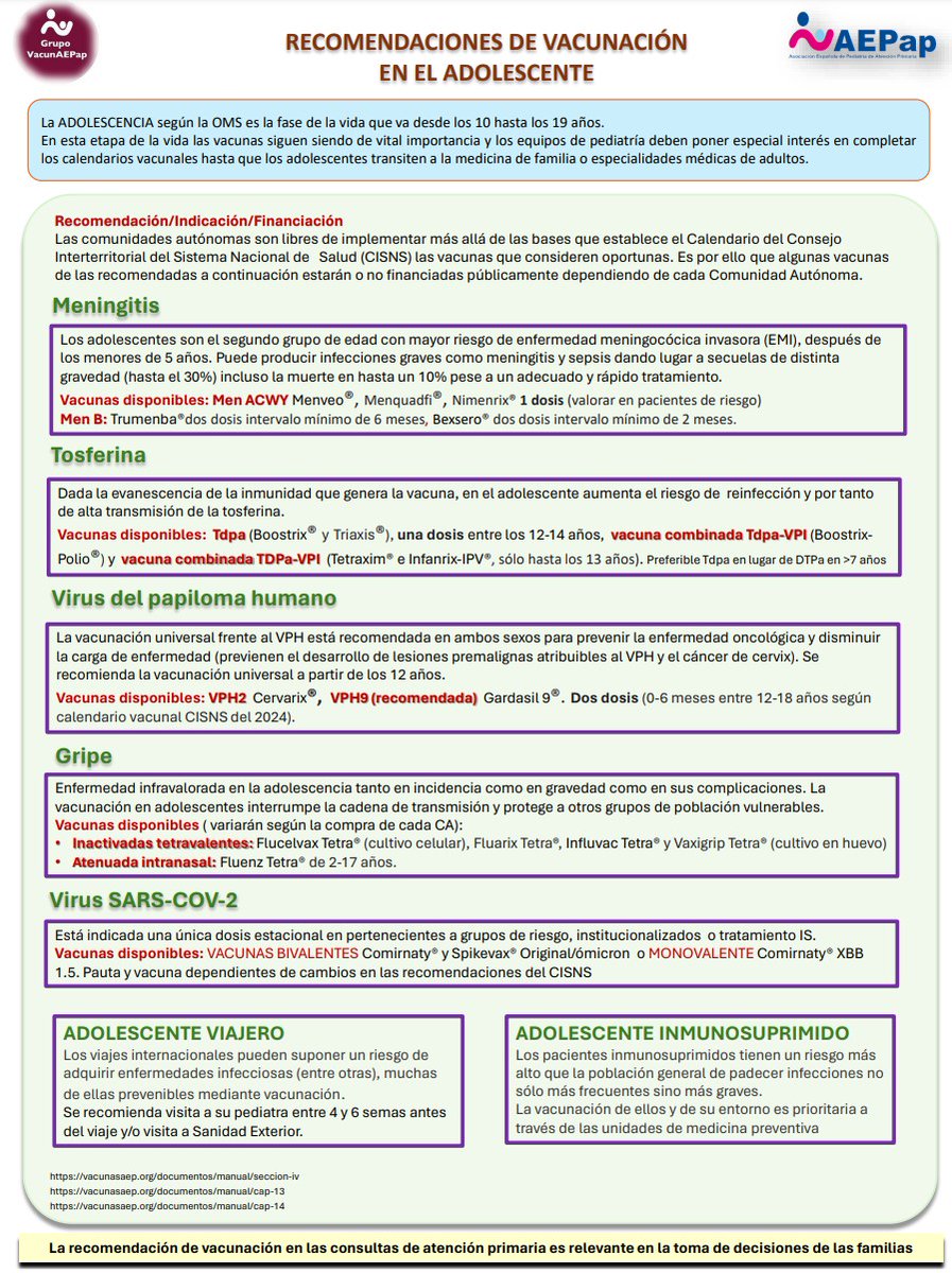 Disponible el documento elaborado por el Grupo de Trabajo de Vacunas de la AEPap (VacunAEPap) sobre las Recomendaciones de vacunación en el adolescente en: aepap.org/grupos/grupo-v… #VacunAEPap