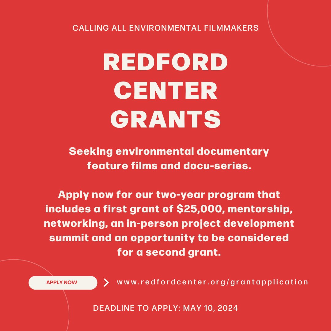 📢 Calling all environmental filmmakers! 🎥 Apply for the @redfordcenter’s 2024 Grants Open Call! 🌍 Don't miss your chance to receive $25k in #funding, professional development, and more for your impact driven #EnvironmentalFilms. 

Apply by May 10: redfordcenter.org/grantapplicati…