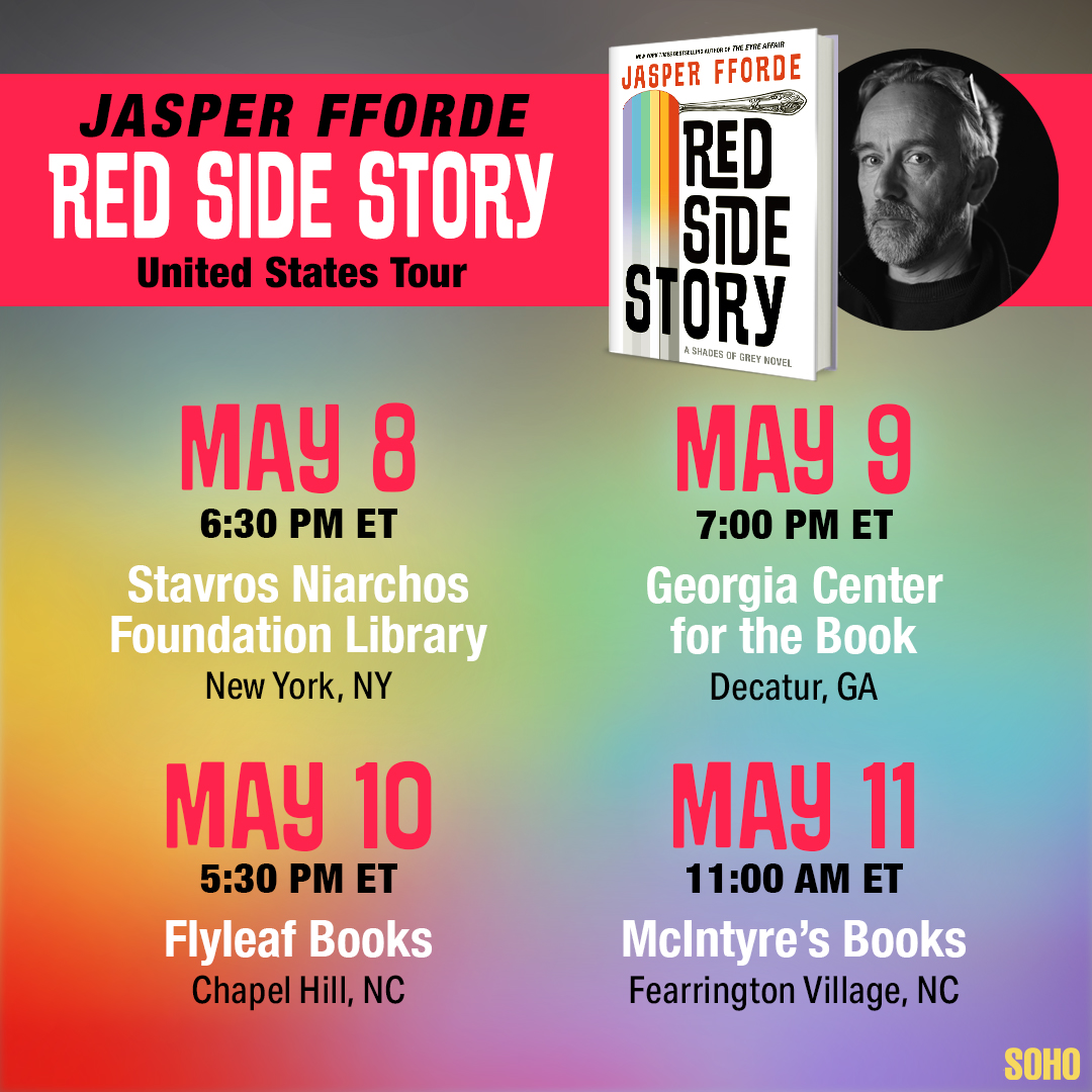 Mark your calendars: @jasperfforde is coming to the US for a limited RED SIDE STORY tour! Come see him in person at @NYPLSNFL, @GaCntr4TheBook, @FlyleafBooks, and @mcibooks. 🗓️🌈📚 Register for these events & pre-order your copy now: books.sohopress.com/jasper-fforde_…