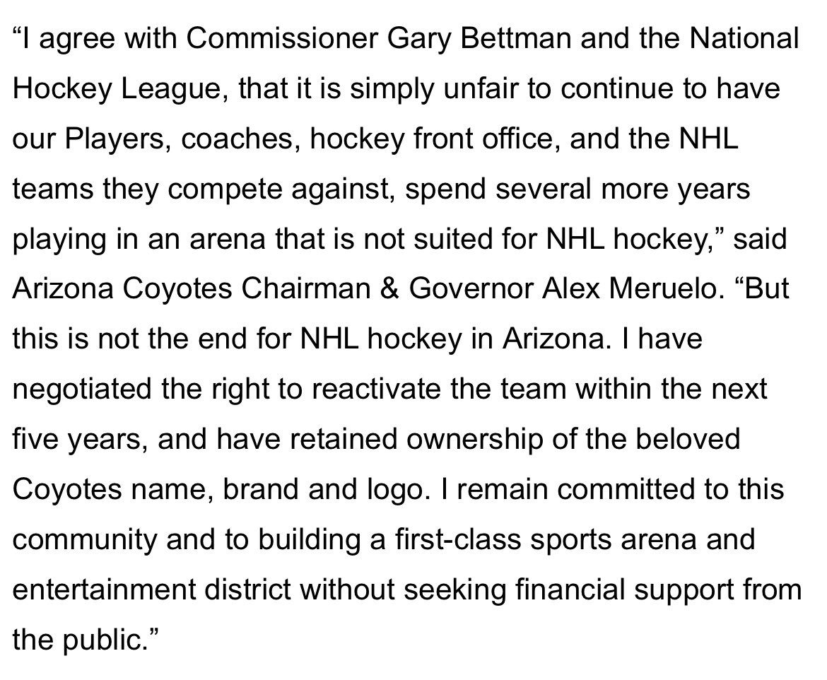 This is the funniest statement I’ve ever seen an NHL “owner” forced to make. Meruelo is such a joke.