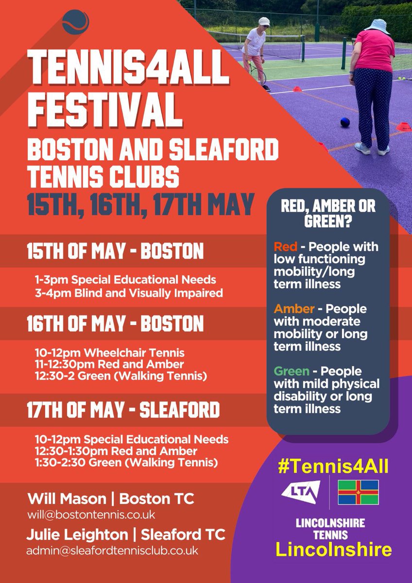 *Save the Dates* for the next Tennis4All Festival to be held at Boston and Sleaford 🙌

Please help to spread the word to anyone that you feel might have an interest in these aspects of the game. All help and support is greatly appreciated 🎾

@WDT4Disability 

#Tennis4All