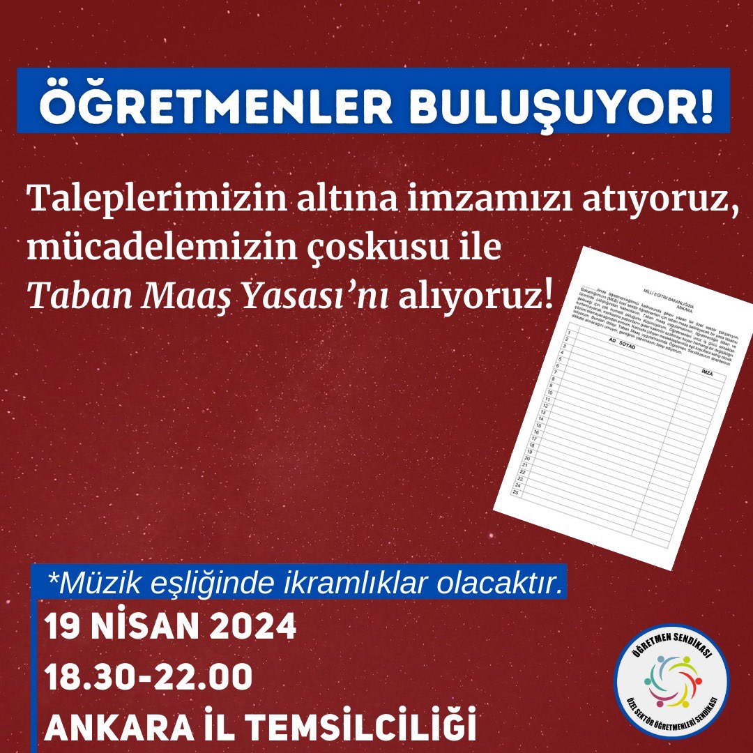 📣 Ankara I 19 Nisan Cuma günü Ankara İl Temsilciliğinde 18.30-22.00 arası öğretmenler bir araya geliyor. İmzaların attıldığı; taleplerin, ortak sıkıntıların konuşulduğu; müzik eşliğinde ikramlıkların tadıldığı; her şeyden önce öğretmenleri itibarsızlaştırmaya,karanlık bir…