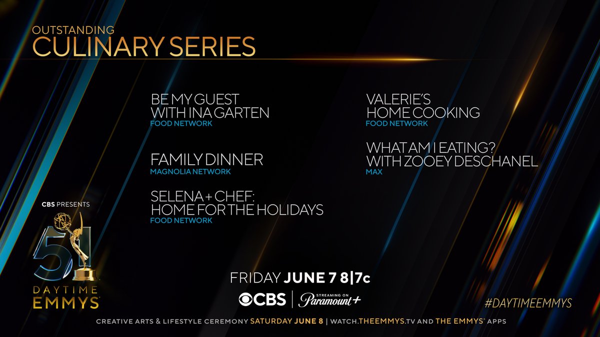 The #DaytimeEmmys Nominees for Culinary Series are: - Be My Guest with Ina Garten (@foodnetwork) - Family Dinner (@magnolia) - Selena + Chef: Home for the Holidays #selenaAndchef - #ValeriesHomeCooking - #WhatAmIEating? with @ZooeyDeschanel (@streamonmax)