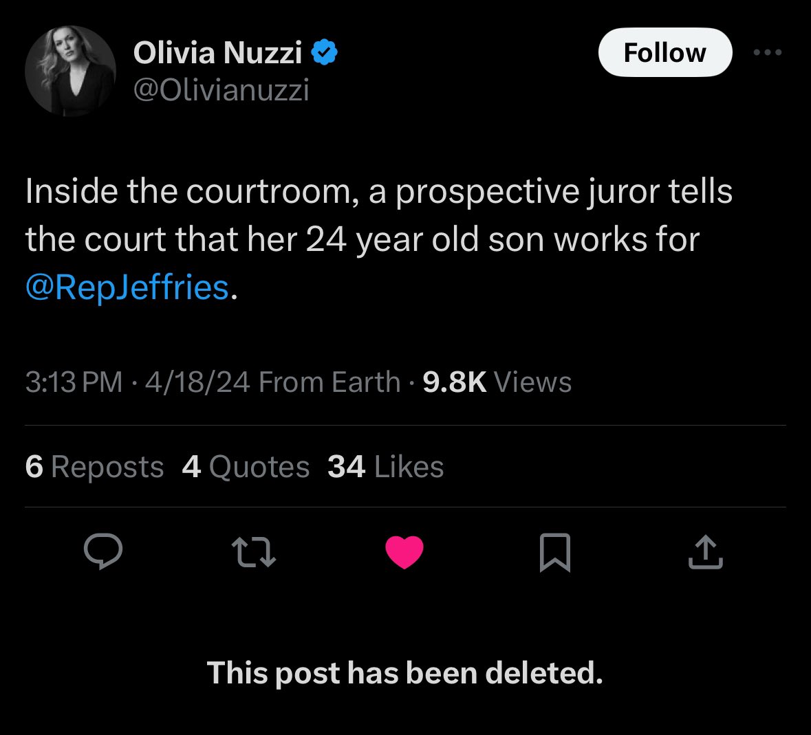 🚨 @NYMag reporter deleted her tweet revealing that a prospective jurors son works for Hakeem Jeffries