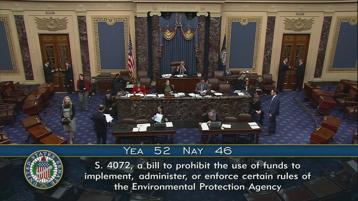 52-46: Senate voted against repealing the EPA's tailpipe emissions rule for cars and small trucks. 60 votes were needed. Democrats Brown, Manchin, Tester and Sinema-I joined all Republicans in voting Yes.