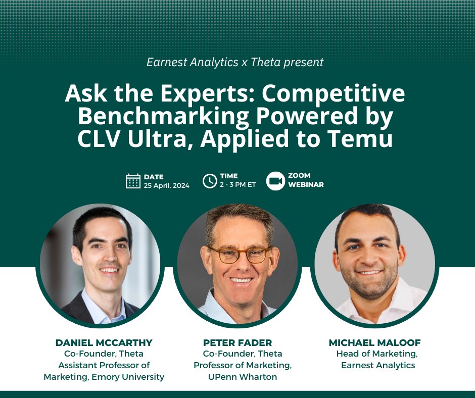 ThetaCLV's tweet image. April 25, 2pm ET: Competitive Benchmarking Powered by CLV Ultra. Join Theta co-founders Daniel McCarthy and Peter Fader, with Michael Maloof from Earnest Analytics, for a deep dive into the world of competitive benchmarking with Theta and Earnest Analytics
hubs.la/Q02tnF6d0