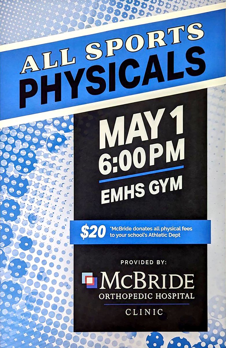 Save the Date! Don't forget that football player physicals have to be renewed every year and the EMHS All Sports Physicals day is a great time to take care of that. This year's EMHS Sports Physicals will be at 6pm, May 1 in the EMHS Gym for a cost of $20 (cash). #GoDogs