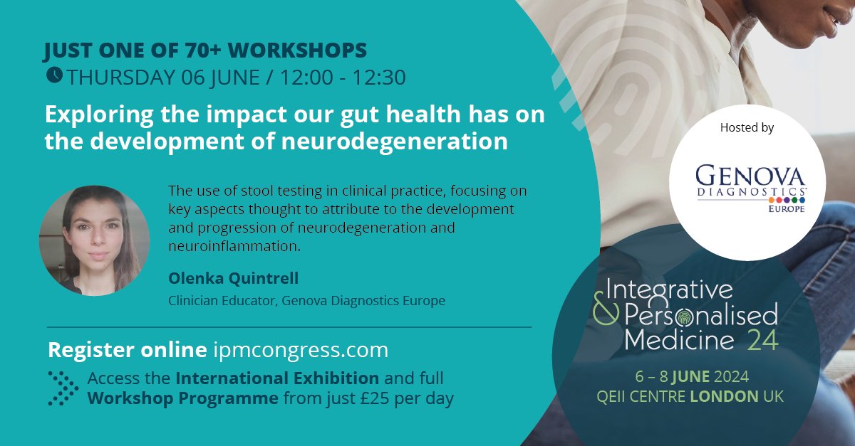 Join us at the #ipmcongress & hear @genova_gdx illustrating the use of stool testing in clinical practice, focusing on key aspects thought to attribute to the development & progression of #neurodegeneration & #neuroinflammation Register for just £25: bit.ly/ipmcongres