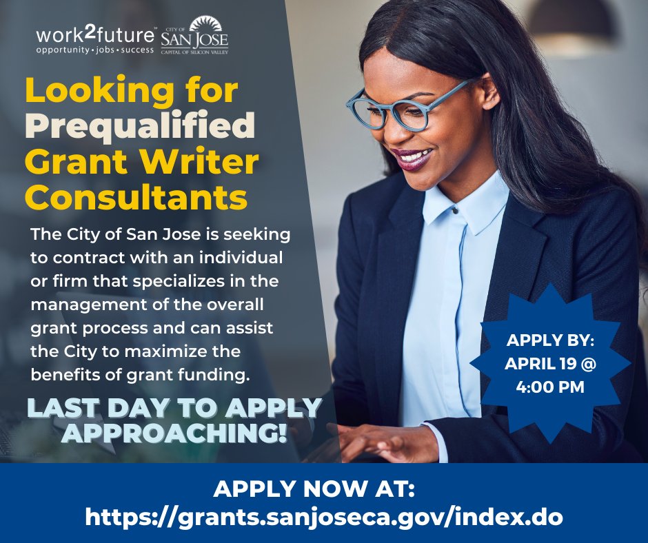 🚀 Final Call to Grant Writing Professionals! 

Join the City of San José's Preapproved Grant Writer Consultant Pool and play a pivotal role in securing essential funding. Deadline - Tomorrow, 4/19 at 4 p.m. Apply now at grants.sanjoseca.gov/index.do!

#GrantWriting  #SanJose 🌟
