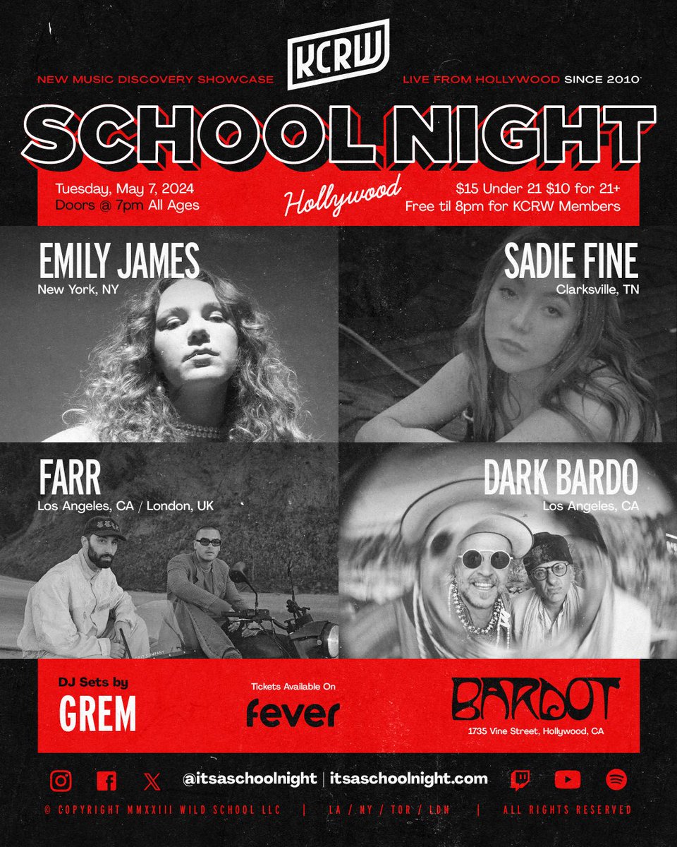 School Night (@itsaschoolnight) on Twitter photo LA, we’ve got another stacked lineup for you! Join us for a special Tuesday edition of School Night May 7th at <a href="/Bardot_Hllywd/">Bardot</a> 💫 Enjoy live performances by <a href="/musicemilyjames/">Emily James</a>, <a href="/SadieFineSings/">Sadie Fine</a>, <a href="/farr_music/">FARR</a>, and DARK BARDO! Tix here: feverup.com/m/150071 LA, we’ve got another stacked lineup for you! Join us for a special Tuesday edition of School Night May 7th at <a href="/Bardot_Hllywd/">Bardot</a> 💫 Enjoy live performances by <a href="/musicemilyjames/">Emily James</a>, <a href="/SadieFineSings/">Sadie Fine</a>, <a href="/farr_music/">FARR</a>, and DARK BARDO! Tix here: feverup.com/m/150071