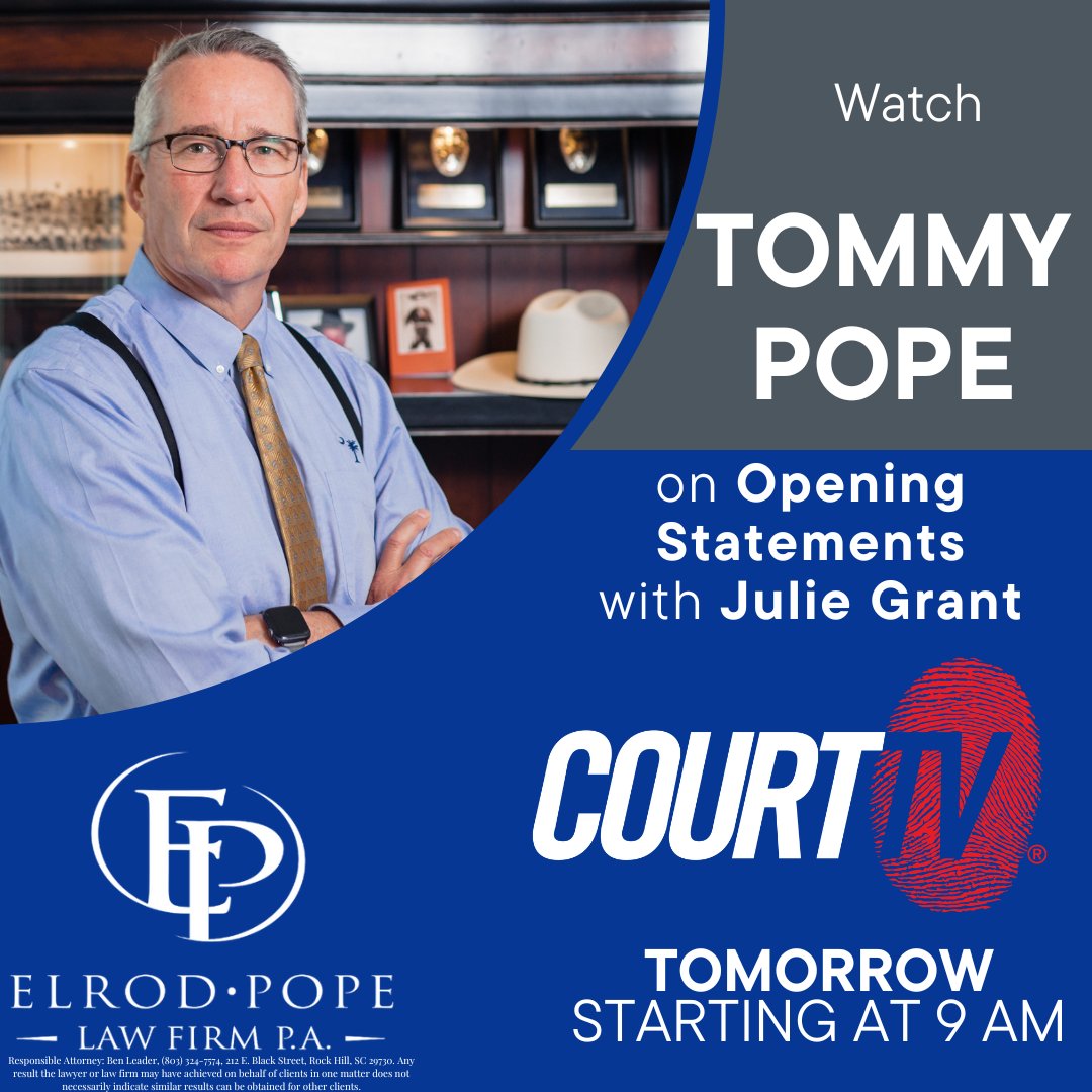 🕘 TOMORROW! @TommyPopeSC is joining @JulieCourtTV on #OpeningStatements. Tune into @COURTTV to see them analyze ongoing cases as court gets underway! ⚖️ #ElrodPope #HelpingInjuredPeople #LocalMatters #CourtTV