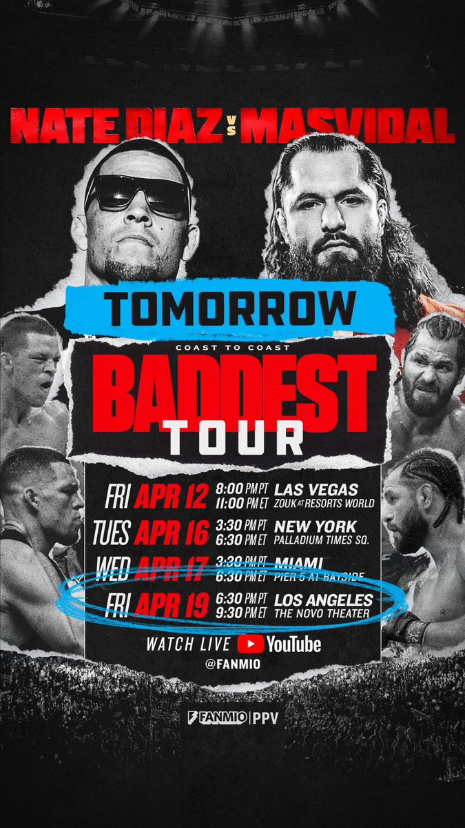 Which side you on June 1? We go back to the Westside for the final stop on the Baddest Tour. TOMORROW 6:30p PT @fanmio YouTube #DiazMasvidal #NateDiaz #JorgeMasvidal #LA