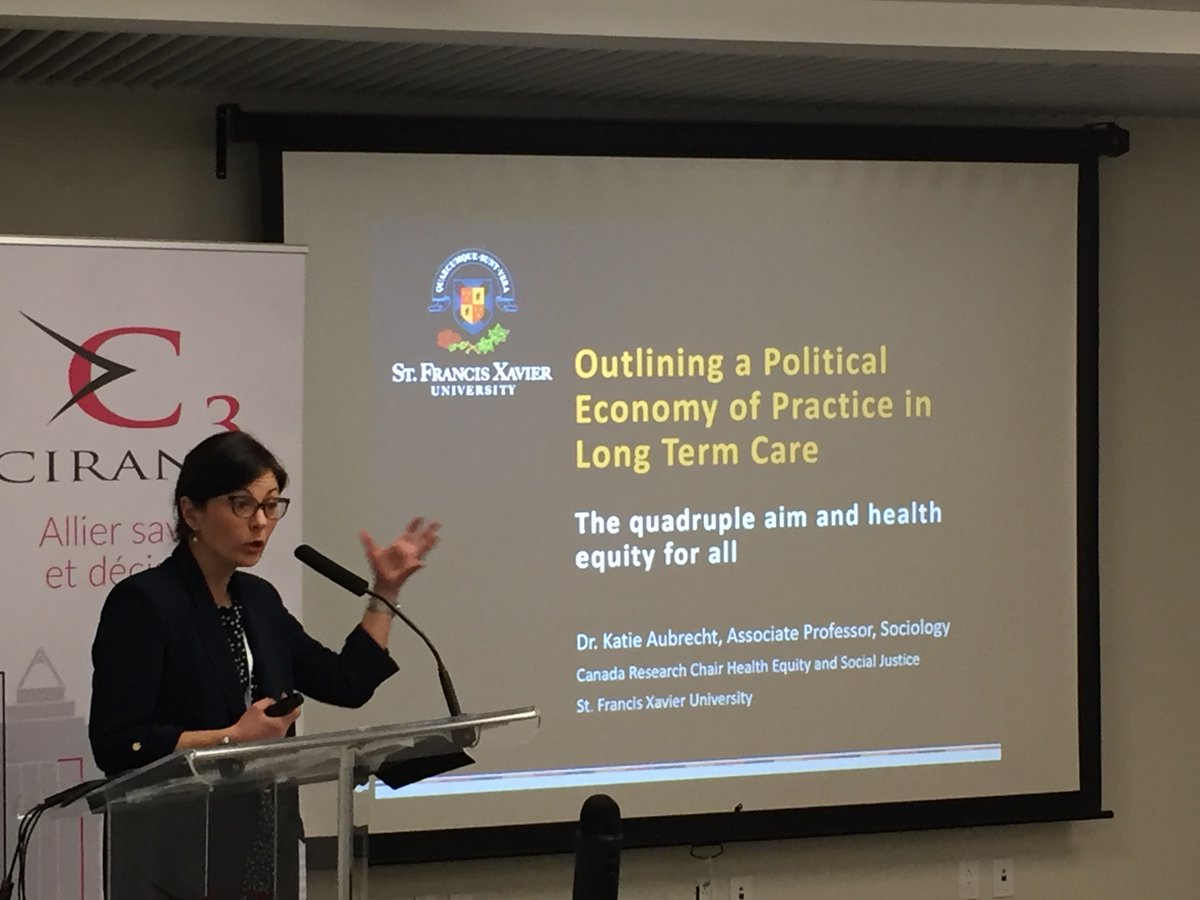La dernière présentation de la journée était de Katie Aubrecht de @stfxuniversity, intitulée «Outlining a Political Economy of Practice in Long Term Care: A Bourdieusian Reflection on the Quadruple Aim and Health Equity For All». @LE_CREGES @FRQSC @esg_uqam @Concordia @CIRANOMTL