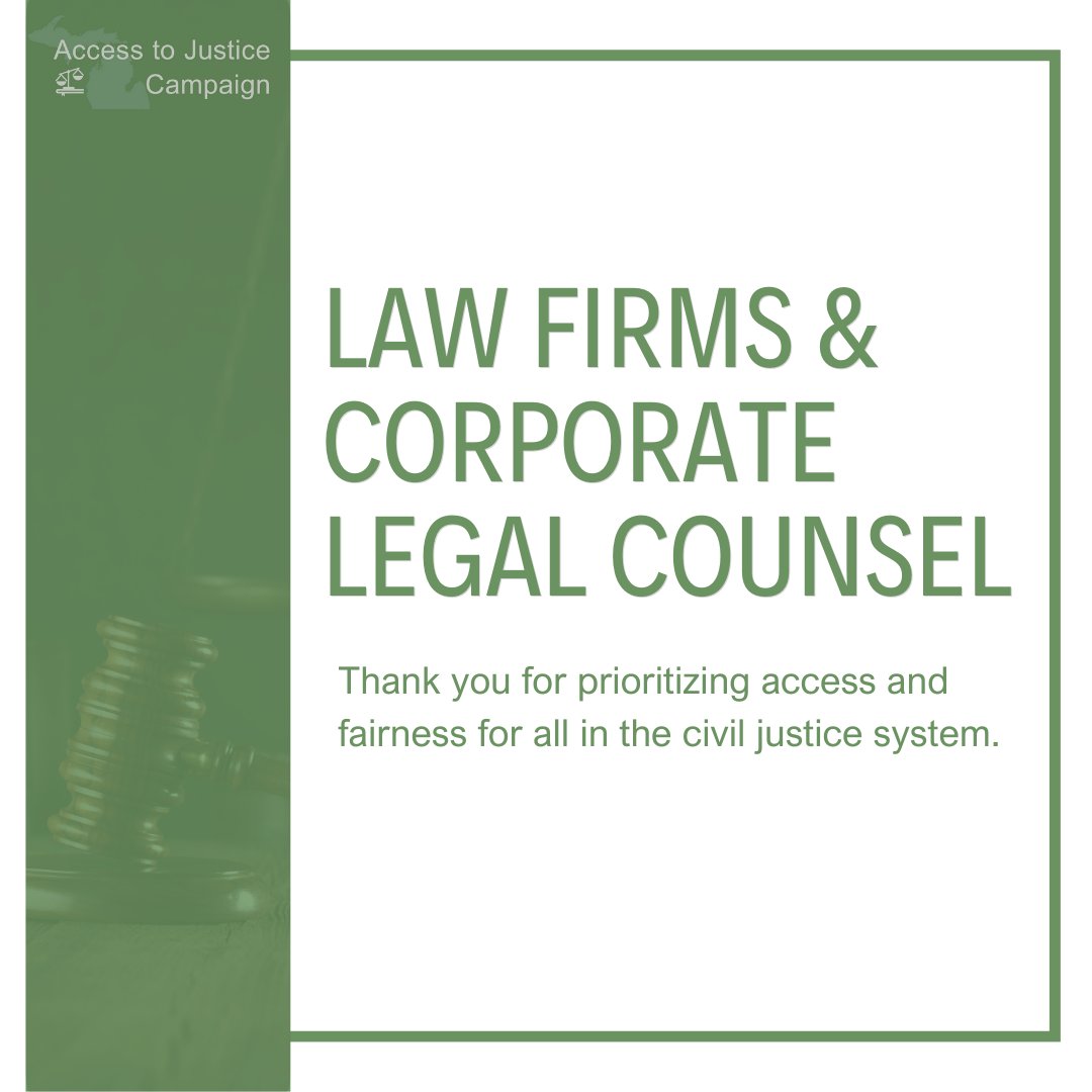 The Access to Justice Campaign is grateful to Firms and Corporate #Legal Counsel that continue to #champion access and fairness to the civil justice system. For the full list, please visit ow.ly/wE4150RjhE9 #accesstojustice