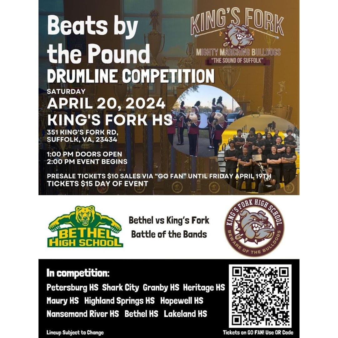 🥁 Get ready to witness the ultimate percussion battle at The Beats by the Pound Drumline Competition on April 20th at King's Fork High School! 🎶 Grab your presale tickets for $10 before they're gone! Scan the QR code to get your tickets now! 😊