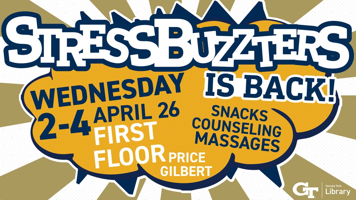 StressBuzzters is back! As always, we'll have snacks, counseling and more in the Library during finals. This semester, it'll take place between 2 and 4 p.m. on the first floor of Price Gilbert. Stop by and take a break.