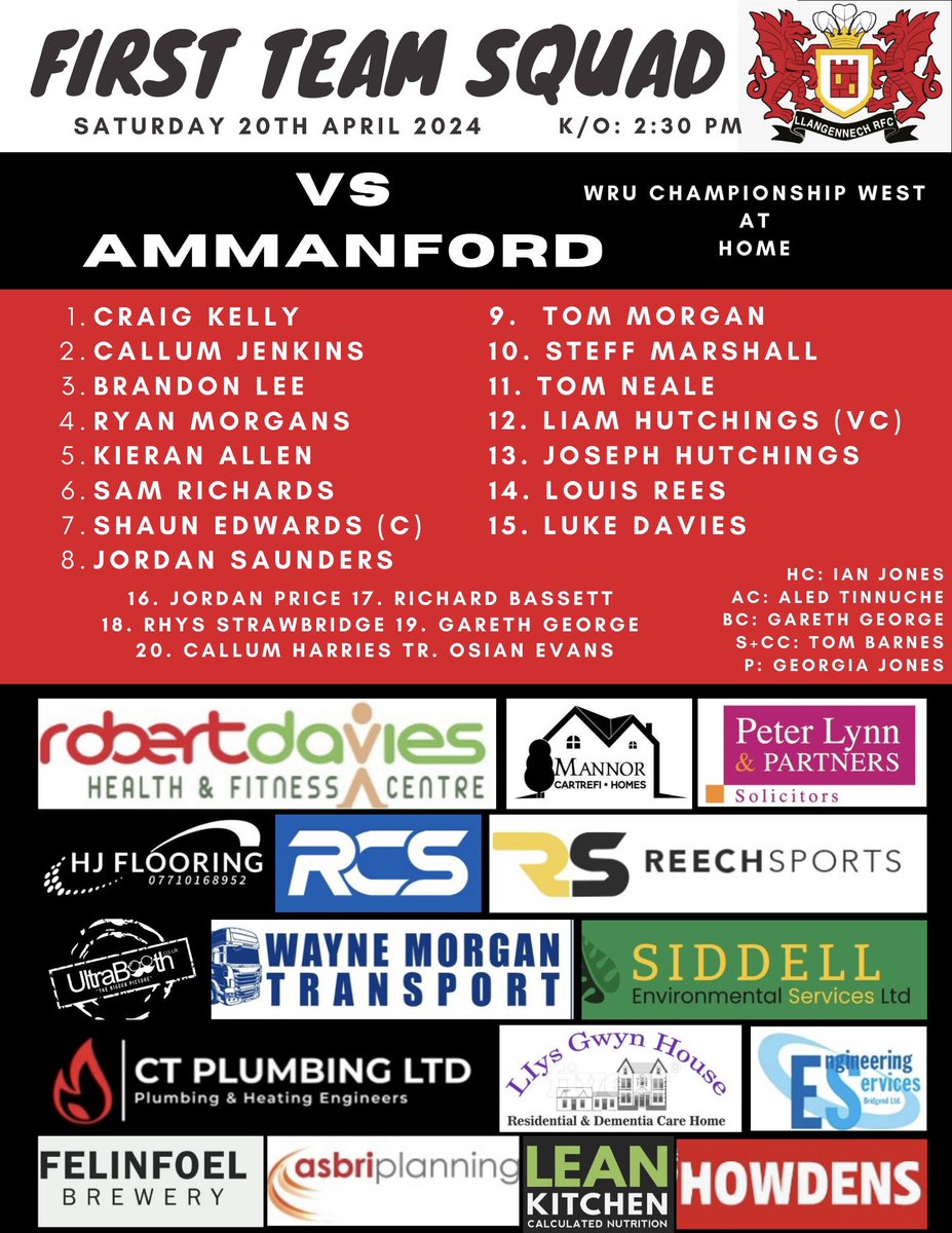 🏉MATCH SELECTION🏉

Here is the squad selection for our final match of the season versus @Ammanford_Rugby 

Good luck to @ShaunEdz7 & the rest of #BoisYLlan

⚫️🔴⚪️