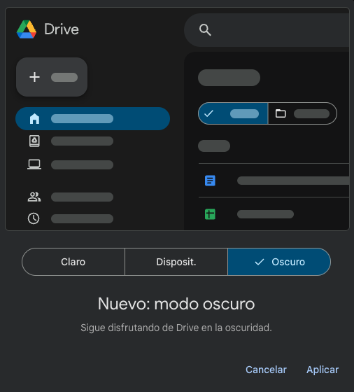 GoogleChile's tweet photo. ¡Bienvenido modo OSCURO a Drive! 🖤

¿Ya se dieron cuenta de esto?

Actívalo en Configuración > Apariencia > Oscuro https://t.co/uBjhzVxfFT