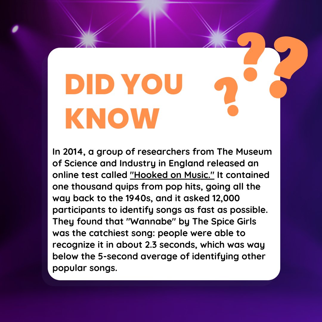 Did you know? In a catchy study by researchers at The Museum of Science and Industry, 'Wannabe' by The Spice Girls proved to be the ultimate earworm! 🎶 Participants recognized it in just 2.3 seconds, proving its irresistible charm! 🌟 #funfactfriday