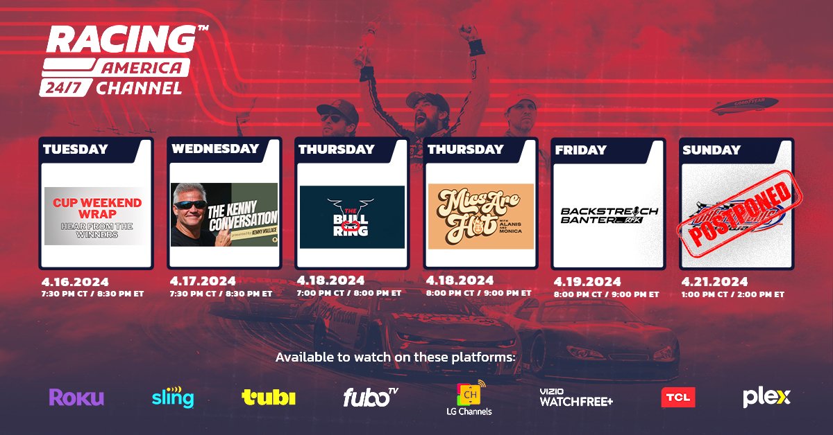 𝗨𝗣𝗗𝗔𝗧𝗘: Take a look at what's happening this week on our 24/7 Free Streaming Channel! Streaming #NASCAR content, grassroots racing, behind the scenes access. @TheRokuChannel X @Tubi @Sling X @VIZIO @KWallaceShow X @RFKracing 𝗟𝗘𝗔𝗥𝗡 𝗠𝗢𝗥𝗘 📺: hubs.ly/Q02tlNky0