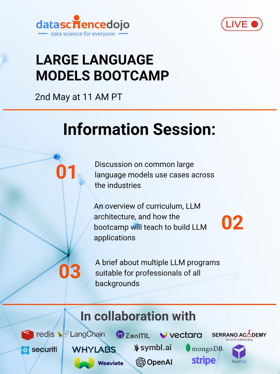 📢If you couldn't make it to our live #informationsession today fret not! You still have the opportunity to join us on May 2nd. 
🔗Register now: hubs.la/Q02tmbGS0

#LLMBootcamp #AIBootcamp #LanguageModels #LargeLanguageModel #AI  #LLM #artificialintelligence