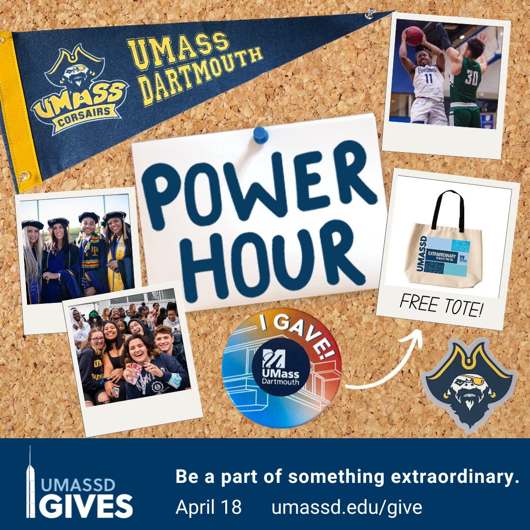 It's time for #UMassDGives POWER HOUR! 🕓 From 4-5PM, you can unlock matching gift funds for the top 5 designations by number of donors! ⌛ Ready, set, GIVE! ➡️ umassd.edu/give (P.S. Give in the next 60 minutes & tag us to get a #UMassD tote bag for FREE!)