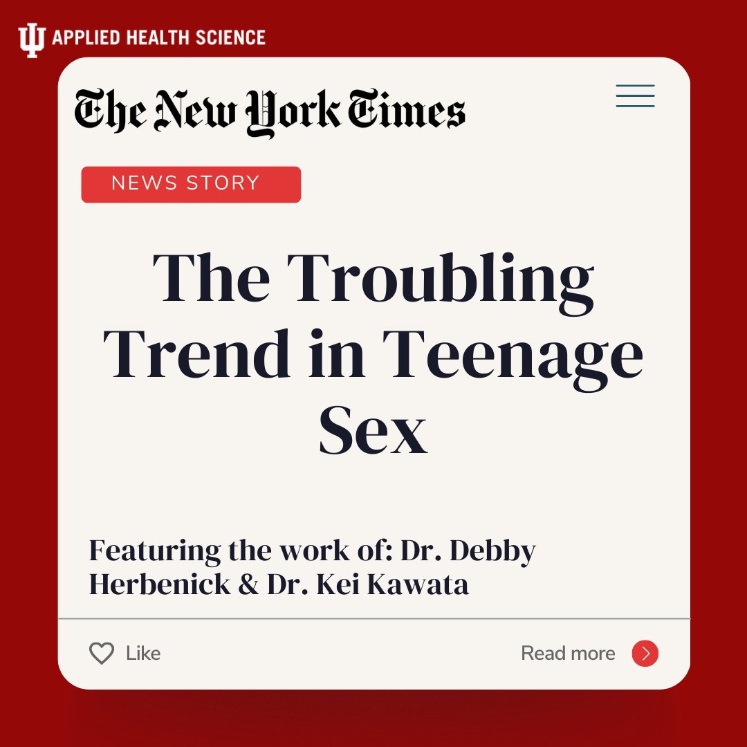 We are very proud to announce that the research of Dr. Debby Herbenick and Dr. Kei Kawata has been featured in the New York Times piece: 'The Troubling Trend in Teenage Sex'. Be sure to check it out here: nytimes.com/2024/04/12/opi… #NYT #SexualHealth #NewYorkTimes