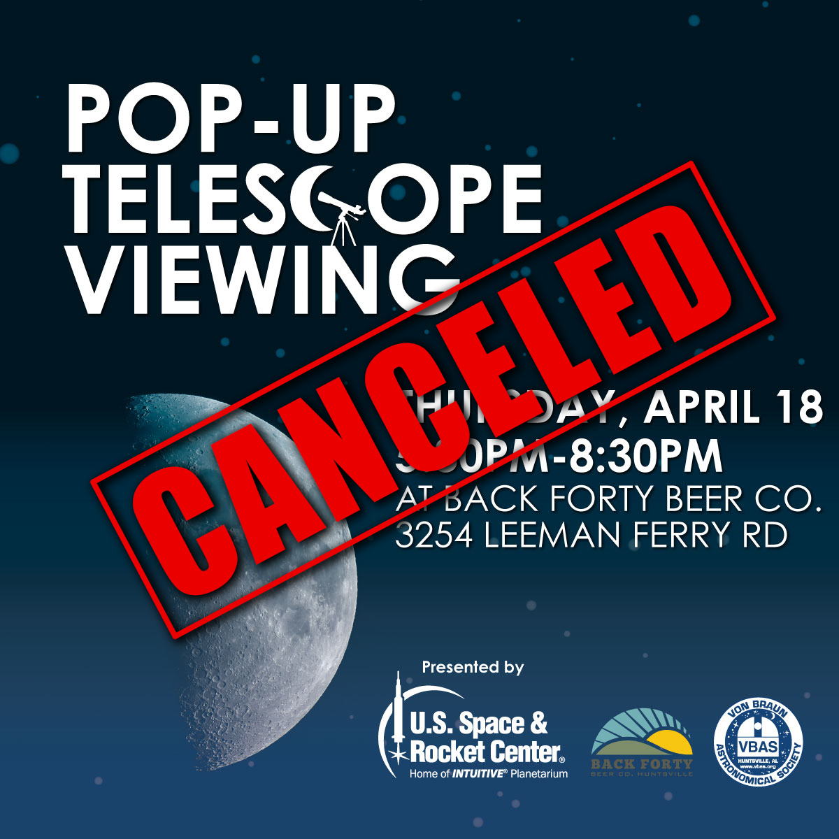 Unfortunately, due to cloud cover, we have to cancel tonight's Pop-up Telescope event at @back40beer. We'll let you know when there is another opportunity to hang out with the INTUITIVE® Planetarium team.