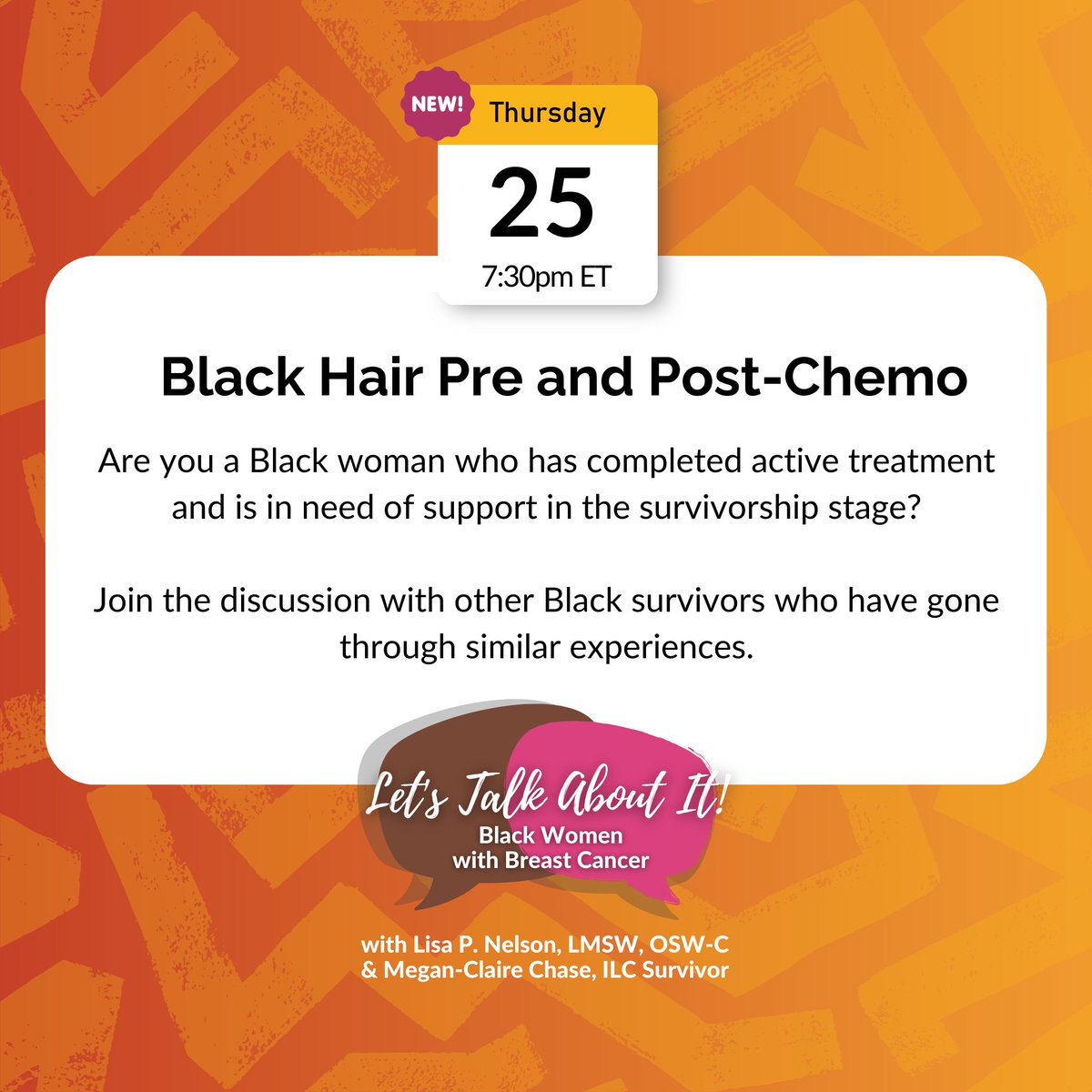 Black women beyond #BreastCancer treatment, this one's for YOU! 🌟 We’re talking black hair care pre- & post-chemo on April 25th @ 7:30 PM ET. Save your spot for FREE: bit.ly/3vWUyHe #BreastCancerSurvivors #BlackWomenSupport