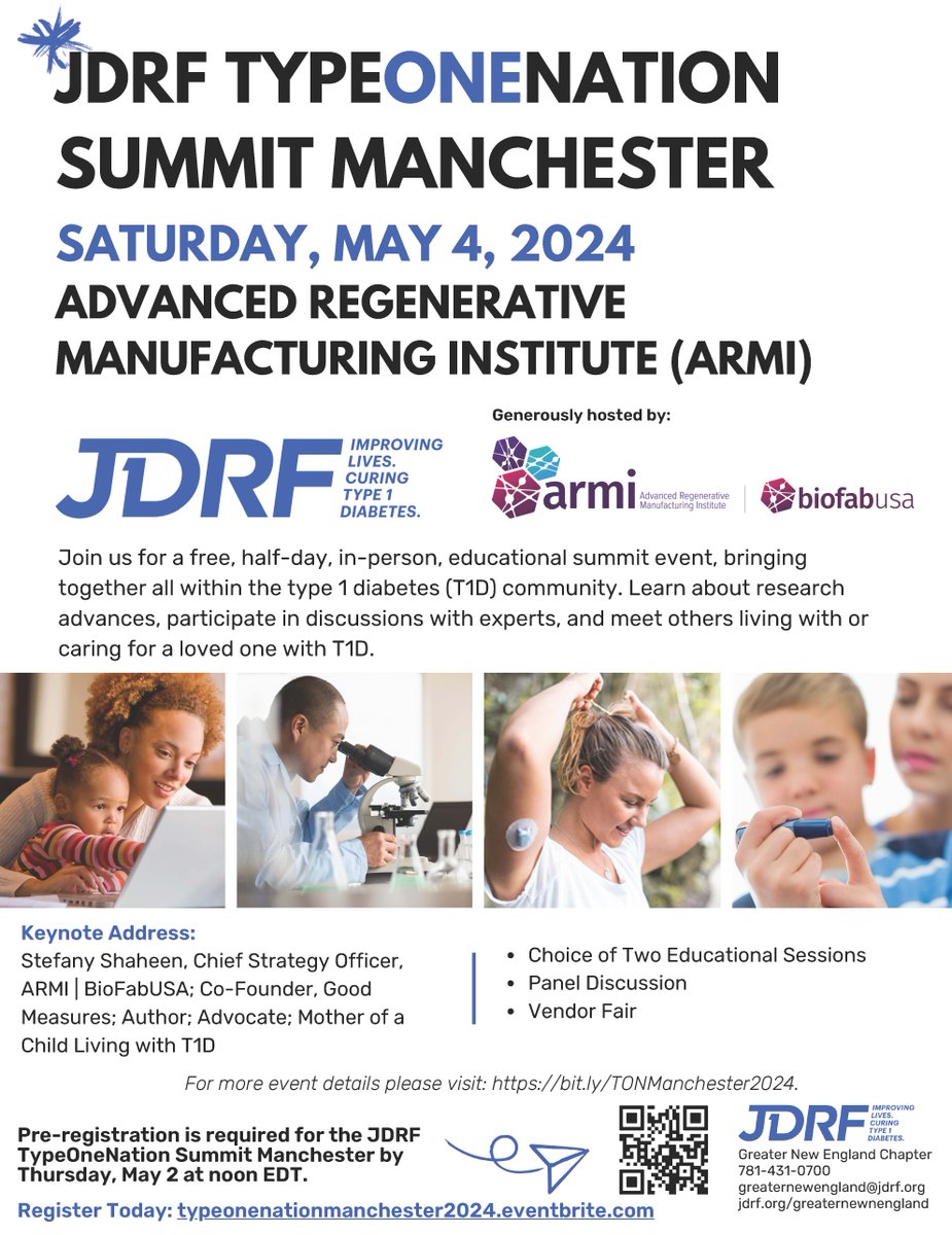 #ARMIBioFabUSA hosts JDRF for a T1D summit in ReGen Valley, Manchester. Engage with experts and explore cutting-edge research. Don't miss it! ow.ly/KvNU50R75vi #T1D #DiabetesAwareness