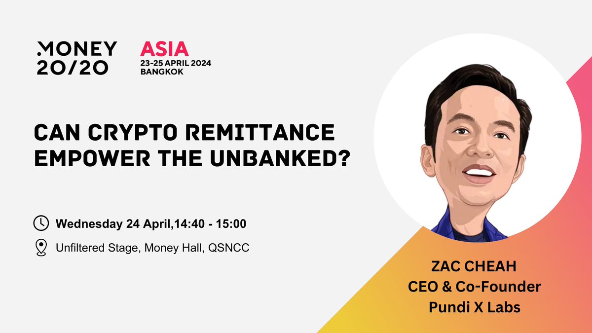 #PundiX team will be at #Money2020 in Bangkok, Thailand, April 23-25! 🇹🇭

On April 24th, CEO and Co-founder, @zibin, will take the stage to discuss 'Can Crypto Remittance Empower the Unbanked?' 🎙 

Don't miss the chance to see the XPOS in action and connect with us! 🚀