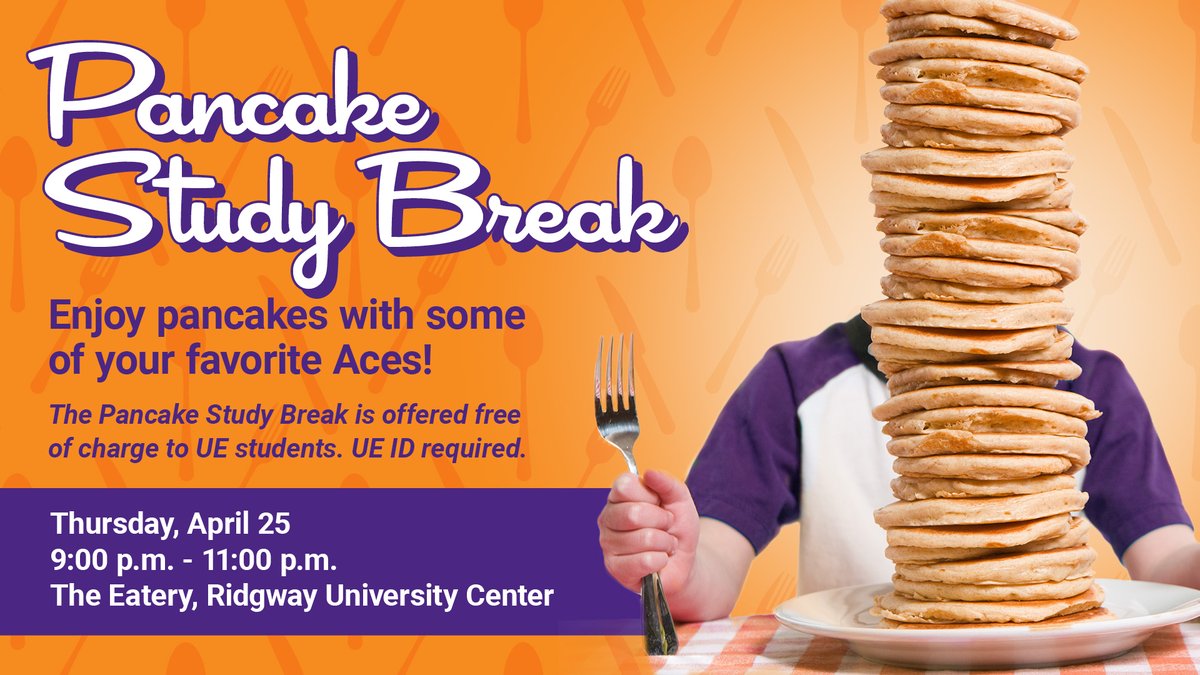 It’s almost time for final exams which means our annual Pancake Study Break is right around the corner! 🥞💜 All UE students are invited to enjoy pancakes for free on April 25 from 9 to 11 p.m. in The Eatery. Mark your calendars so you don’t miss out!