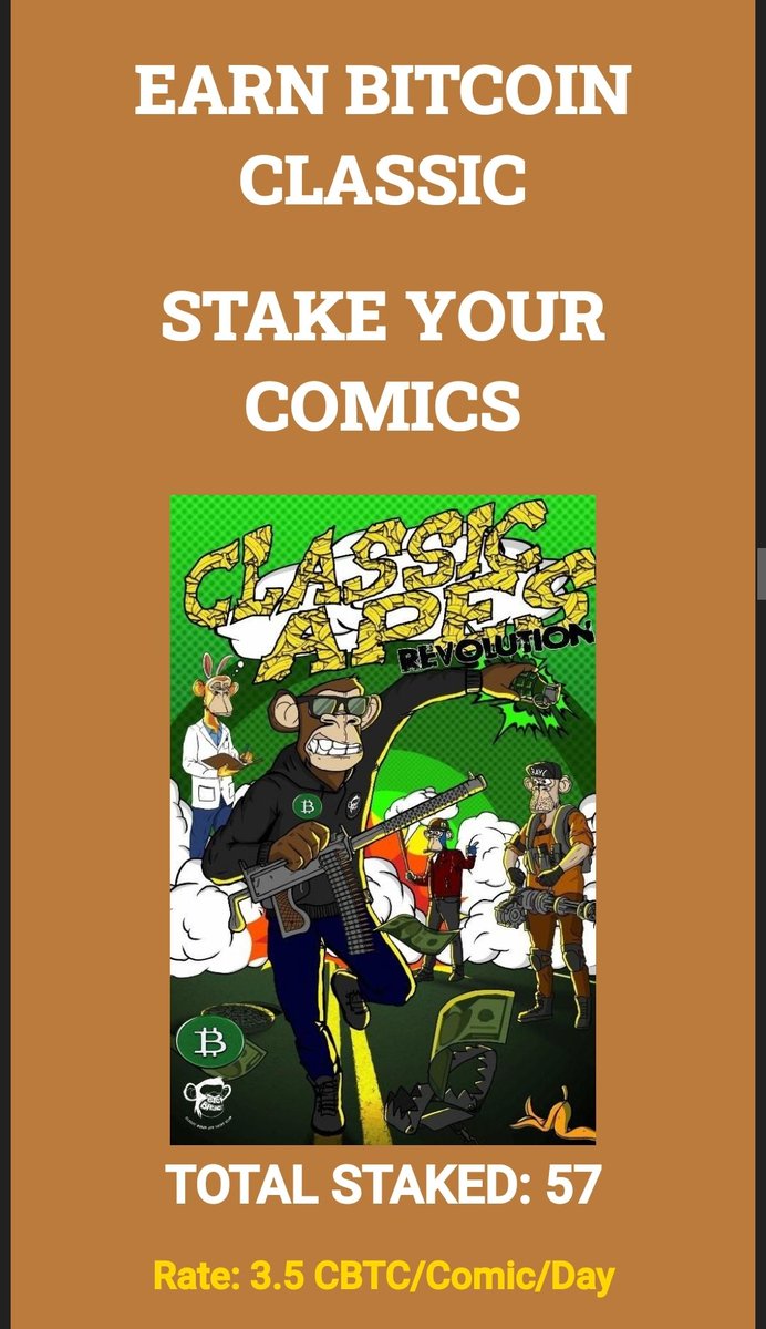 Over 50 @EtcClassicApes staked already! Buy and read comics here classicapes.com/comicbook Stake here etcbayccomicstaking.vercel.app #etc #Staking #passiveincome #Crypto #BTC #Bitcoinclassic $btc $Etc $CBTC