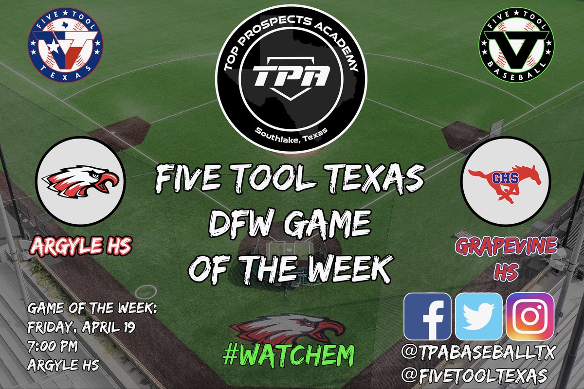 We will be at Argyle HS, 7:00 PM Friday, April 19 for the… 🚨@TPABaseballTX @FiveToolTexas DFW Game of the Week 🚨 Featuring: @Argyle_Baseball vs. @Gvinebaseball #WatchEm