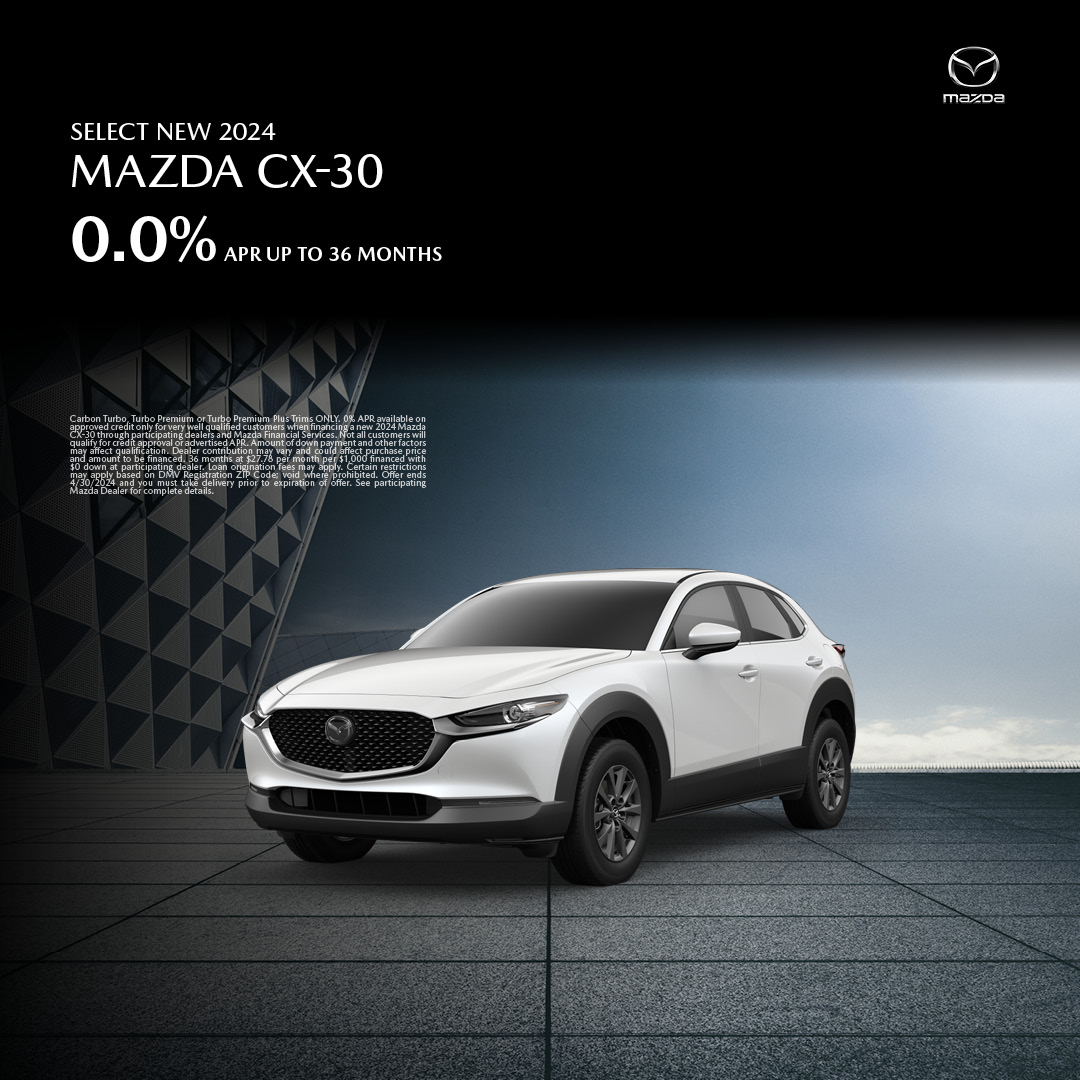 Get behind the wheel of a brand new 2024 #MazdaCX30 with 0% APR for up to 36 months! 
Take advantage of this deal while it lasts and browse our inventory here: bit.ly/3JpQum0
