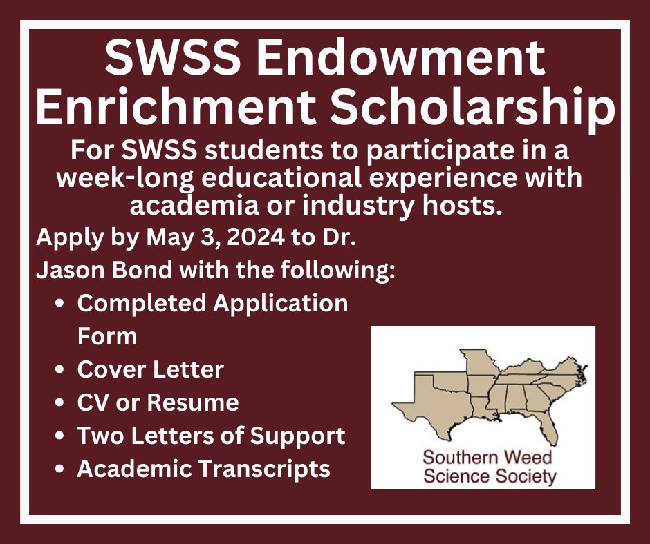 SouthernWeedScienceSociety (@southweedscisoc) on Twitter photo SWSS Endowment Enrichment Scholarships is open! Email Dr. Jason Bond (JBond@drec.msstate.edu) to submit your application! More info is available at: swss.ws/enrichment-sch⌠SWSS Endowment Enrichment Scholarships is open! Email Dr. Jason Bond (JBond@drec.msstate.edu) to submit your application! More info is available at: swss.ws/enrichment-schâŚ
