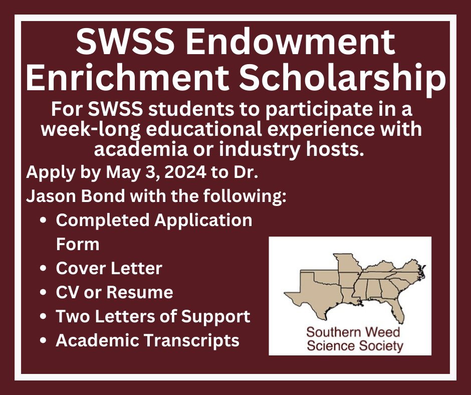 SWSS Endowment Enrichment Scholarships is open! Email Dr. Jason Bond (JBond@drec.msstate.edu) to submit your application! More info is available at: swss.ws/enrichment-sch…