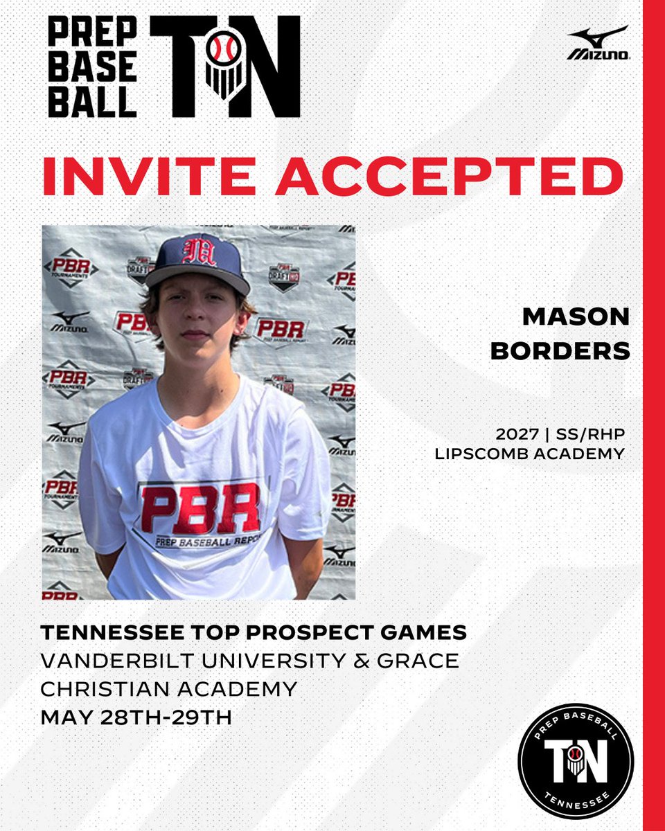 Prep Baseball Tennessee (@prepbaseballtn) on Twitter photo #TNTPG24: ๐๐ก๐ฉ๐๐ง๐ ๐๐๐๐๐ฃ๐ง๐๐ โ
+ '27 SS/RHP Mason Borders (<a href="/LAMustangBB/">Lipscomb Academy Baseball</a>) has punched his ๐๏ธ to the TN Top Prospect Games on May 28th-29th at <a href="/VandyBoys/">Vanderbilt Baseball</a> & <a href="/GCALionsSports/">GCA Lions Athletics</a>.
Request your invite. โคต๏ธ
๐: loom.ly/HMqW_Sg // <a href="/MasonBorders10/">Mason Borders</a> #TNTPG24: ๐๐ก๐ฉ๐๐ง๐ ๐๐๐๐๐ฃ๐ง๐๐ โ
+ '27 SS/RHP Mason Borders (<a href="/LAMustangBB/">Lipscomb Academy Baseball</a>) has punched his ๐๏ธ to the TN Top Prospect Games on May 28th-29th at <a href="/VandyBoys/">Vanderbilt Baseball</a> & <a href="/GCALionsSports/">GCA Lions Athletics</a>.
Request your invite. โคต๏ธ
๐: loom.ly/HMqW_Sg // <a href="/MasonBorders10/">Mason Borders</a>