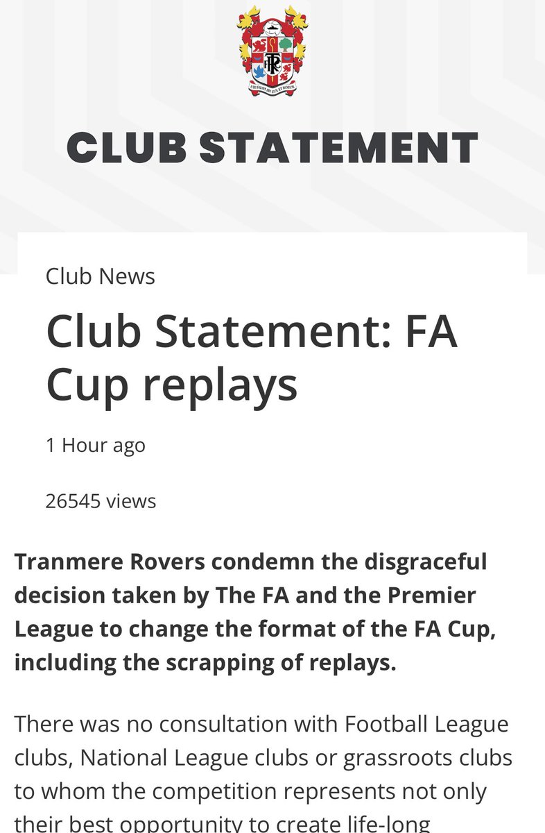 Fair play to York, Grimsby, Dorking and Tranmere so far, all condemning the decision to scrap FA Cup Replays

The only way we can stop it is through action like this 🙌