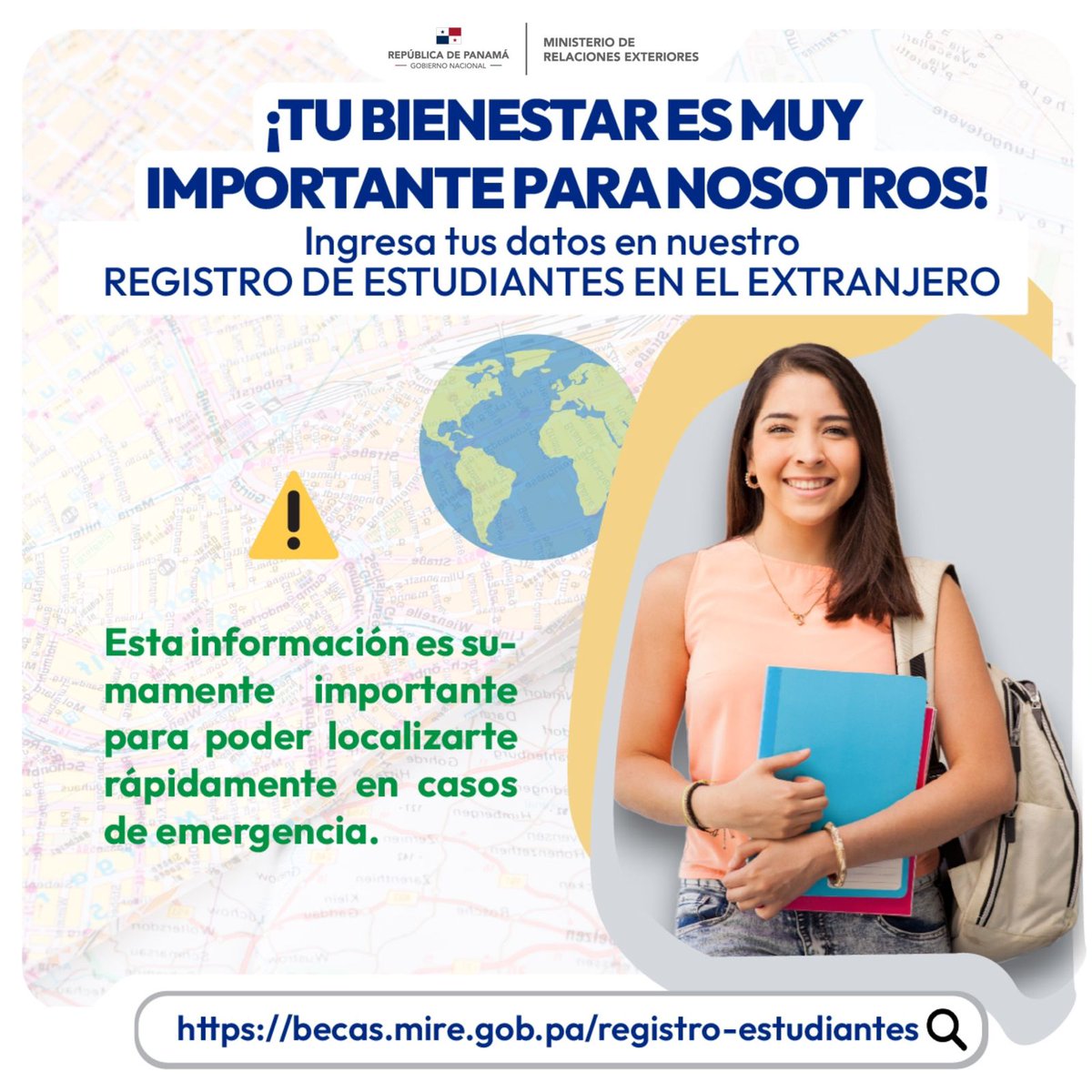 ¡Queremos saber de ti! 👀 Recuerda que si estás estudiando en el extranjero, es importante que ingreses tus datos en nuestro Registro de Estudiantes en el Extranjero. 🚨Esta información es crucial para poder localizarte en casos de emergencia. Ingresa en 💻becas.mire.gob.pa/registro-estud…