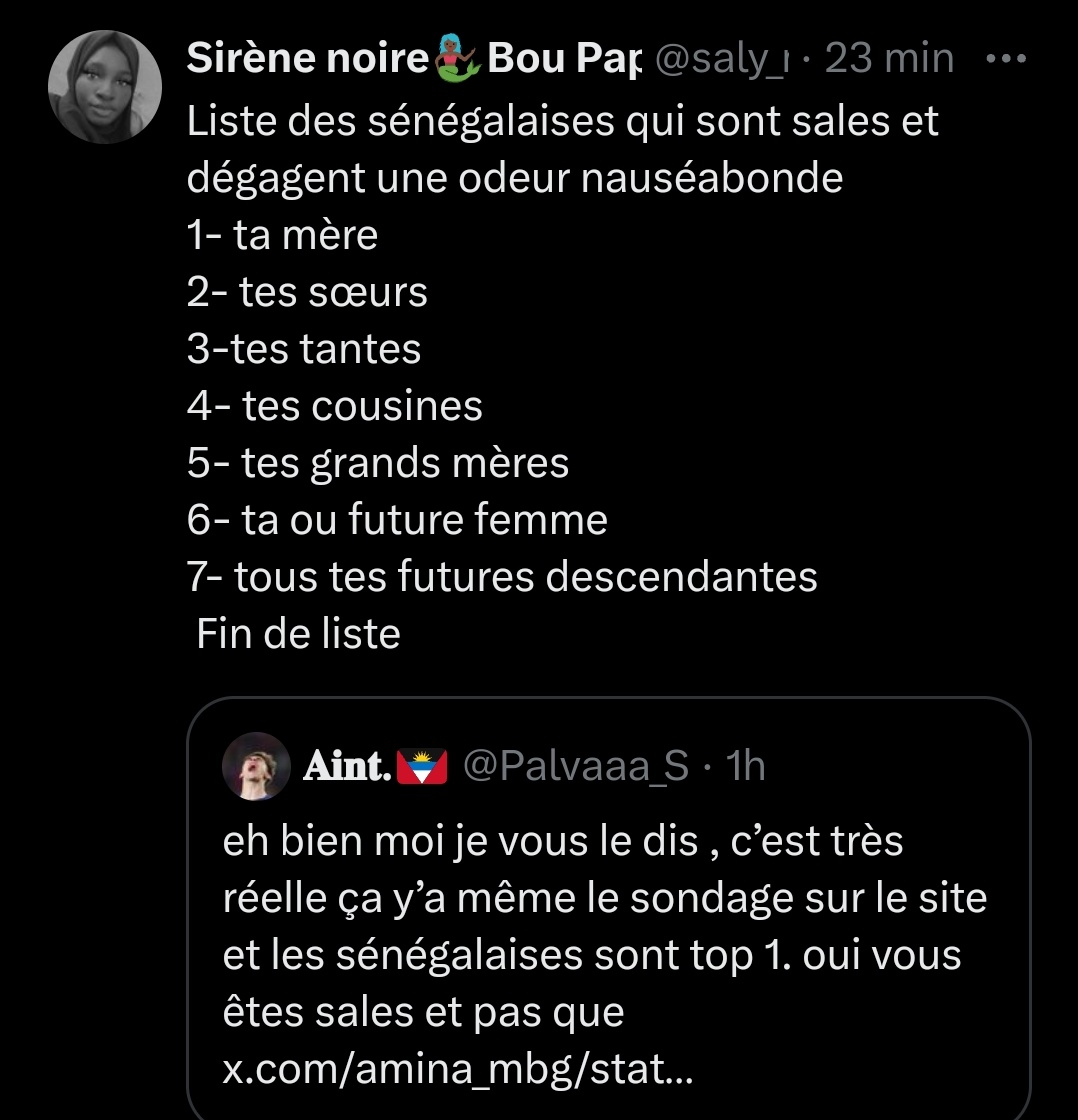 Cette meuf d'abord stigmatise les sénégalaises ensuite supprime son tweet pour venir essayer de défendre les sénégalaises et pensez qu'on l'avait pas vu 😂 Voilà le vrai visage de la plupart des Twittos de la TL221. Des nafekk avec aucune conviction. Ne suivent que la masse