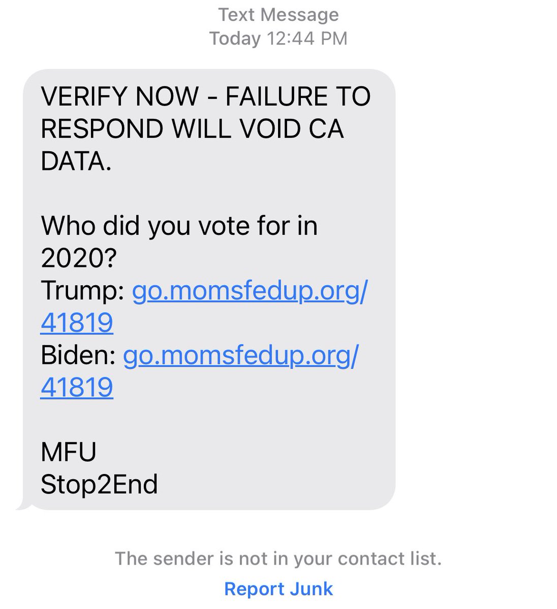 Fake text. Don’t respond. #Voterfraud